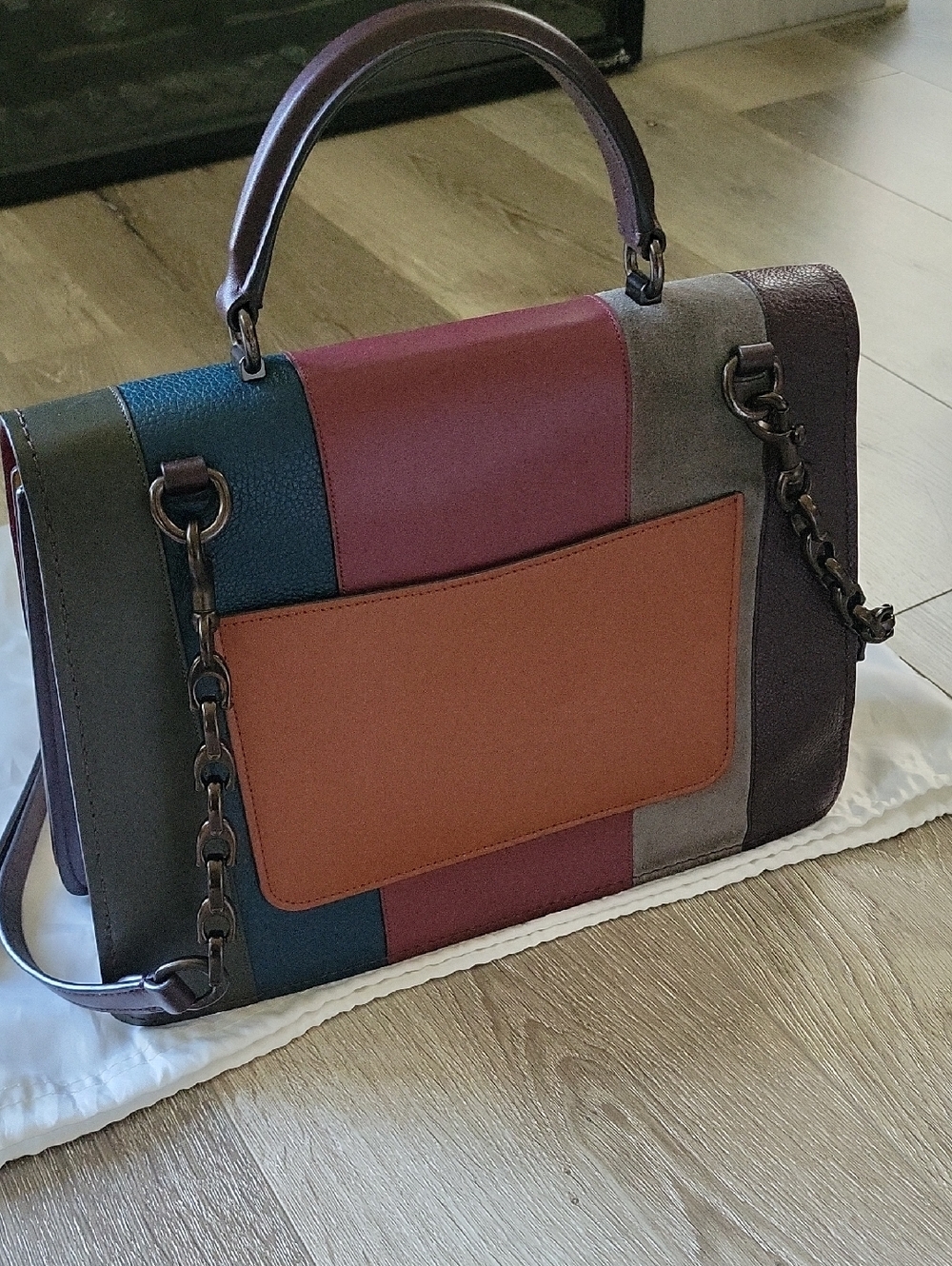 Coach Parker Top Handle 32 w/Patchwork Stripes Suede & Leather - Picture 3 of 16